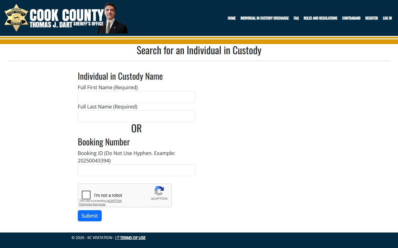 Cook County inmate population roster search form