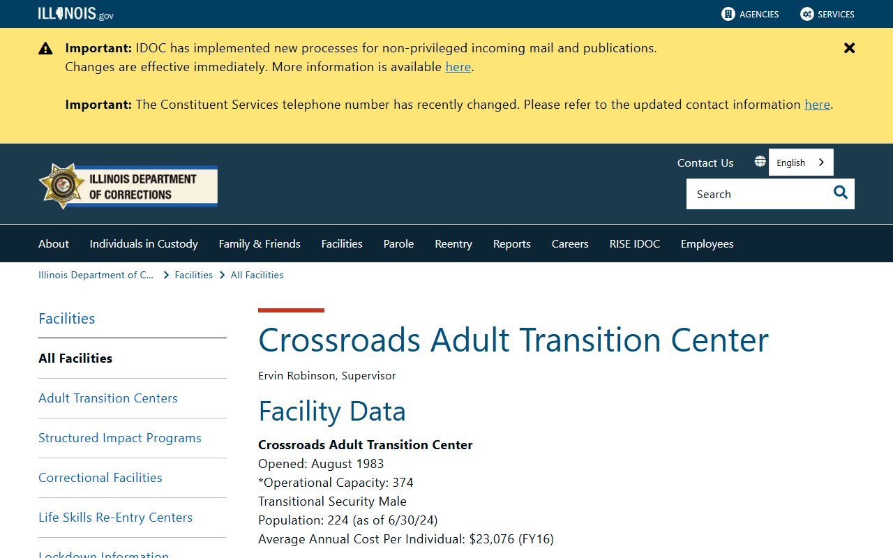 Crossroads Adult Transition Center IDOC custody search facility page