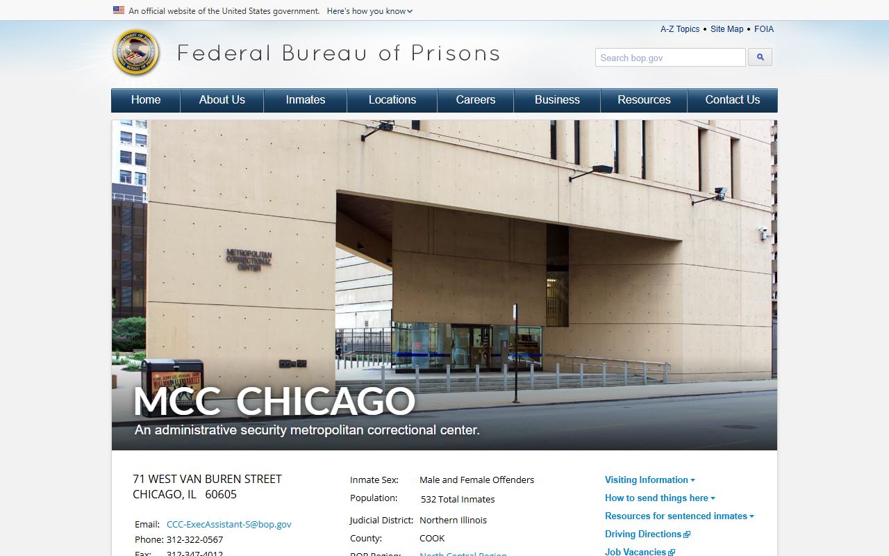 Metropolitan Correctional Center Chicago BOP inmate lookup facility page