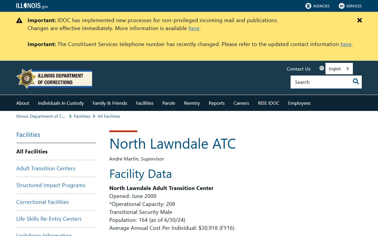 North Lawndale Adult Transition Center IDOC inmate search facility page